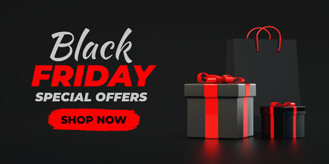 Wall Mural - Black Friday sale dark background with gift boxes in realistic 3D rendering. Lettering text, special offer flyer and online shopping concept