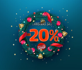 Poster - Christmas sale special offer vector promo banner. Twenty percent discount