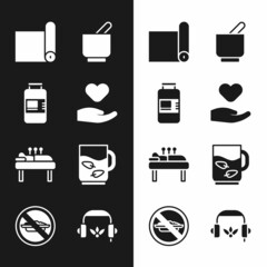 Wall Mural - Set Heart in hand, Collagen serum, Fitness mat roll, Mortar pestle, Acupuncture therapy, Cup of tea leaf, Headphones for meditation and Food no diet icon. Vector