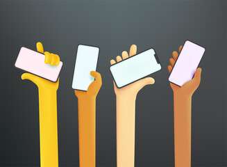 Poster - Group of people different races using smartphones to communicate. Comic 3d style vector illustration