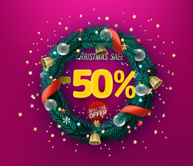 Poster - Christmas sale special offer vector promo banner. Fifty percent discount