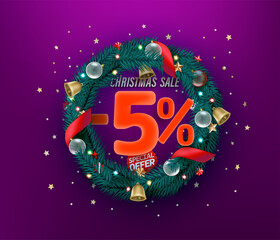 Poster - Christmas sale special offer vector promo banner. Five percent discount