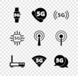© vector_v - Set Smart watch 5G network, Phone with, Router and wi-fi signal, Processor and Antenna icon. Vector