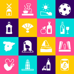 Sticker - Set Olives in can, Gate of Europe, Wine bottle with glass, Beach, Fan flamenco, Orujo, Windmill and Apple cider icon. Vector