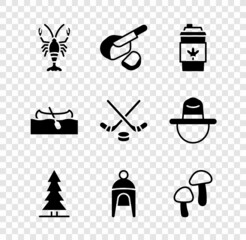 Poster - Set Lobster, Peameal bacon, Coffee cup to go, Canadian spruce, Winter hat, Mushroom, Kayak or canoe and Ice hockey sticks and puck icon. Vector