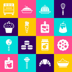 Wall Mural - Set Flour bowl, Cookie or biscuit, Pudding custard, Ice cream waffle cone, Cake, Oven and Cutting board icon. Vector