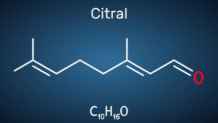 Poster - Citral, lemonal, geranial molecule. A volatile oil component, used to make other chemicals. Skeletal chemical formula on the dark blue background. Vector illustration