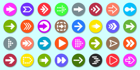 Poster - Set colored arrow button icons. Collection different arrows sign. Set different cursor arrow direction symbols in circle flat style with shadows – stock vector