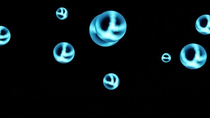 Poster - Rotating spheres with energy lines on abstract black background, seamless loop. Design. Spinning blue translucent molecules.