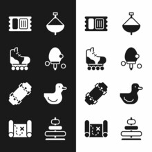 Set Racket, Roller Skate, Circus Ticket, Whirligig Toy, Skateboard, Rubber Duck, Pyramid And Pirate Treasure Map Icon. Vector