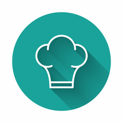 Sticker - White line Chef hat icon isolated with long shadow background. Cooking symbol. Cooks hat. Green circle button. Vector