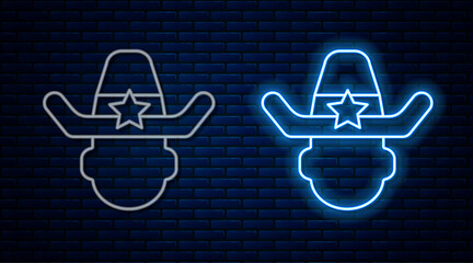 Canvas Print - Glowing neon line Sheriff cowboy hat with star badge icon isolated on brick wall background. Police officer. Vector