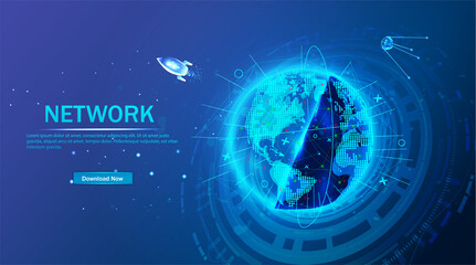Poster - vector. planet earth from space. flickering lights of cities. map of the mainland. global communicat