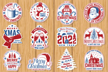 Set Of Merry Christmas And 2022 Happy New Year Stamp, Sticker Set Quotes With Snowflakes, Snowman, Santa Claus, Candy, Sweet Candy, Cookies. Vector Vintage Typography Design For Xmas, New Year Emblem.