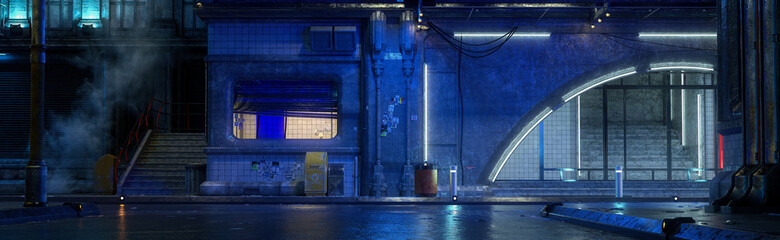 Aufkleber - Cyberpunk concept wide panoramic 3D illustration of a seedy downtown street in a futuristic city.