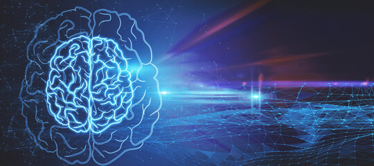 Wall Mural - Abstract wide panoramic image of glowing brain with polygonal mesh on colorful tech backdrop. Artificial intelligence and machine learning concept. 3D Rendering.