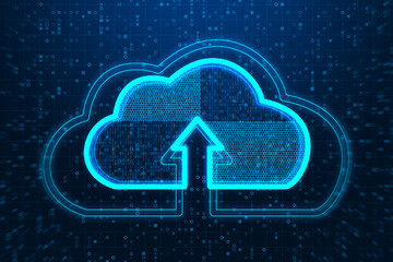 Leinwandbilder - Creative glowing clouds hologram on dark binary code background. Cloud computing and database concept. 3D Rendering.