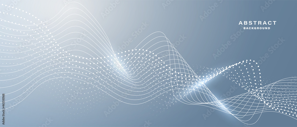 Grey white abstract background with flowing particles. Digital future ...