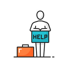 Poster - support center worker with briefcase, quick help isolated color line icon. vector technician private