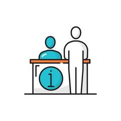 Poster - Receptionist support center worker at help desk isolated color line icon. Vector computer operator ready to help, instruction guide. Customer person assistance help board, communication helpdesk