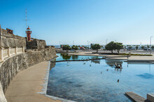 Perspective Of The Wall Of The Santa Catarina Fort With A Small Lake And Birds In Figueira Da Foz, PORTUGAL