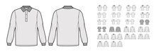 Set Of Polo Shirts Technical Fashion Illustration With Long Short Sleeves, Tunic Crop Length, Henley Neck, Oversized Fitted Body. Apparel Top Outwear Template Front, Back, Grey Color. Women CAD Mockup