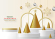 Podium round stage style, for Merry christmas and happy new year and festivals or greeting festival with red paper cut art and craft on color backgroung with festive elements.