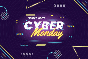 Cyber monday banner with geometric and neon design style