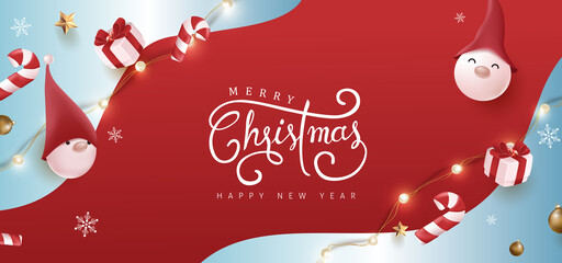 Wall Mural - merry christmas and happy new year banner with cute gnome and festive decoration for christmas