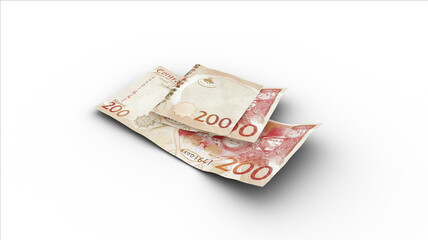 3D rendering of Double 200 Lesothan Loti notes with shadows on white background