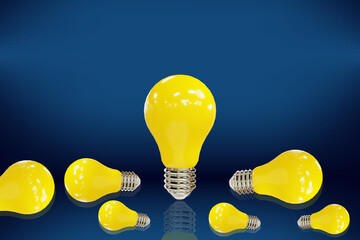 Poster - 3d rendering Glowing idea light bulb and innovation thinking creative concept on success inspiration blue background