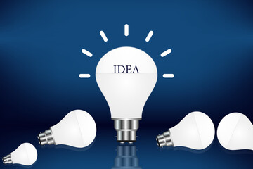 Canvas Print - Glowing idea light bulb and innovation thinking creative concept on success inspiration blue background, Energy saving light bulb and save world concept, sustainable development. 3d rendering