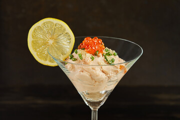 Poster - Smoked salmon mousse with red caviar in martini glass. French gourmet cuisine