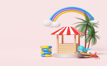 Building Shop Store Front With Stage Podium,lifebuoy,palm Tree,whale,crab,rainbow,cloud,surfboard Isolated On Pink Background.online Shopping Summer Sale Concept ,3d Illustration Or 3d Render