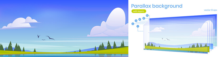 Poster - scenery summer landscape, parallax nature 2d background, pond, green field and spruces under blue cl