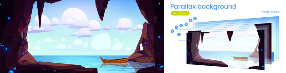 Wall Mural - Parallax background cave seaview 2d landscape with wood boat float on water surface. Cartoon nature scenery view with hole in rock, ocean and clouds in blue sky separated layers, Vector game scene