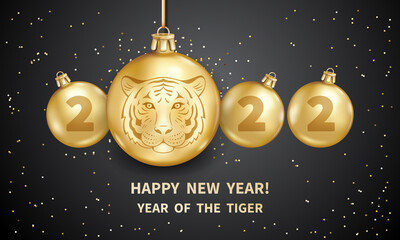 Wall Mural - Tiger is a symbol of the 2022 Chinese New Year. Realistic golden glass balls with tiger muzzle, brighting sequins on a black background. Christmas design elements. Vector holiday illustration