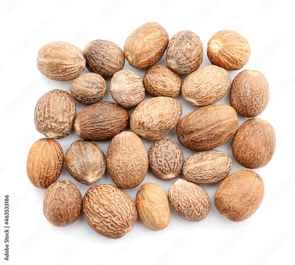Heap of shea nuts on white background