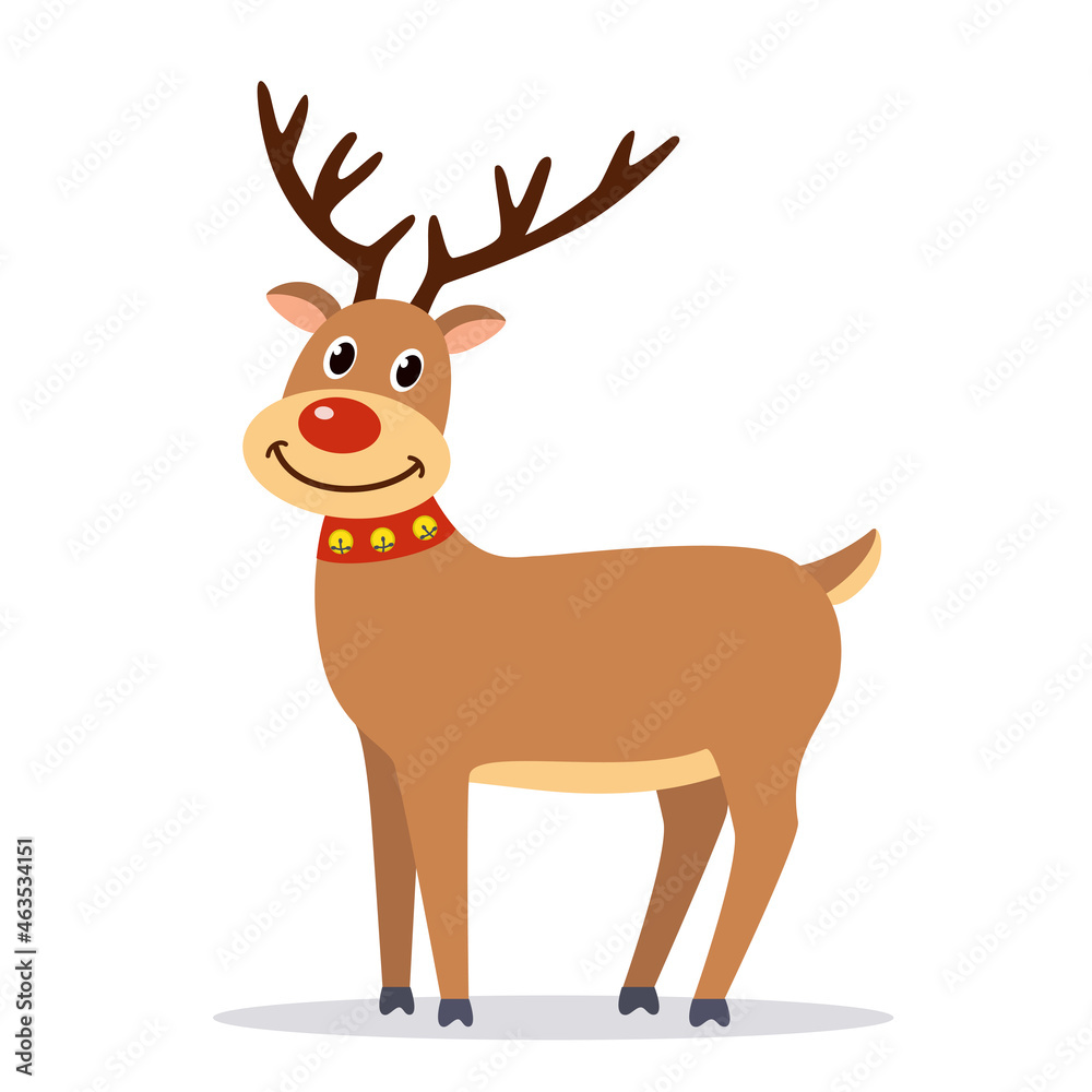 Christmas deer with red nose on square white background, vector ...