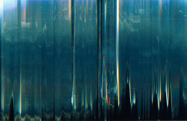 Wall Mural - Glitch overlay. Dust scratch texture. Distressed filter. Distorted screen. Dark teal blue white black digital artifacts dirt stain old film texture abstract background.