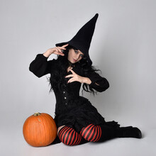 Full Length Portrait Of Dark Haired Woman Wearing  Black Victorian Witch Costume  Sitting Pose Wit Ha Pumpkin, With  Gestural Hand Movements,  Against Studio Background.