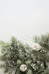 fir branch with beads, cones and snow on white background, closeup