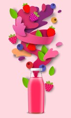 Berry juice packaging glass bottle, paper cut forest fruits, liquid splash, drops. Healthy drink, vector illustration.