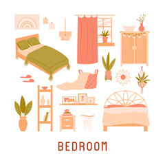 Collection of furniture on white background. Modern interior items for a bedroom:  bed, bedside table, chest, window, shelves, pictures, houseplant, lamp, chest. Vector flat illustration 