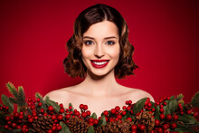 Photo Of Tender Cheerful Female Model Wear Fancy Make Up Mistletoe Decoration Smile Isolated On Red Color Background