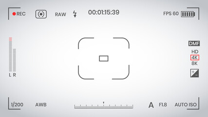 Sticker - Camera viewfinder video or photo frame recorder flat style design vector illustration. Digital camera viewfinder with exposure settings and focusing grid template.