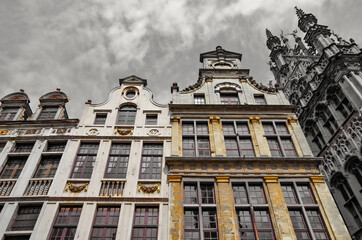 Pedestrian zone with shops, restaurants, city hall and historic architecture in downtown Brussels, Belgium around Main Square with landscaping flower beds floral arrangements old town facades houses