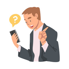 Sticker - Young Man Character Asking Question Using Internet Search System on His Smartphone Vector Illustration