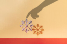 Beautiful Woman Shadow Hand Touching New Year Christmas Snow Starflake In The Air. Pastel Background Colors.