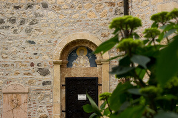 Saint mosaic in Orthodox monastery in Serbian national park Frushka Gora